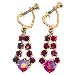 Heart Detail Red Art-Deco-Style Crystal AB Rhinestone Screwback Earrings, 1960s