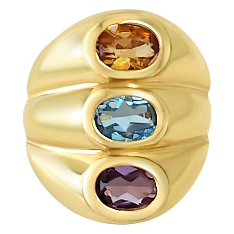 Triple Piedra - Anillo Amatista, Citrino y Topacio Azul  14k Oro Amarillo