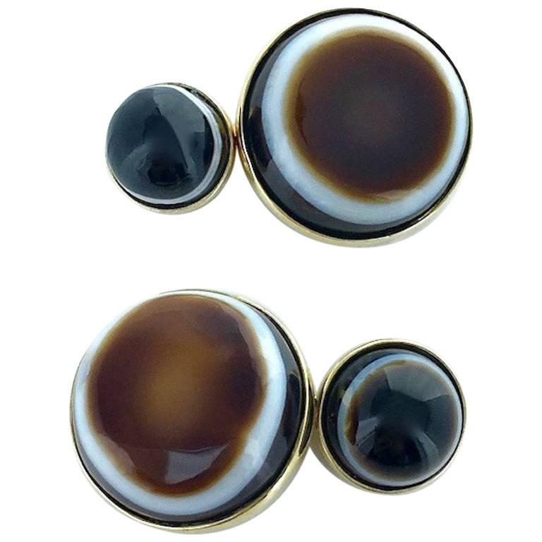 Contemporary Brown and White Onyx and Gold Cufflinks