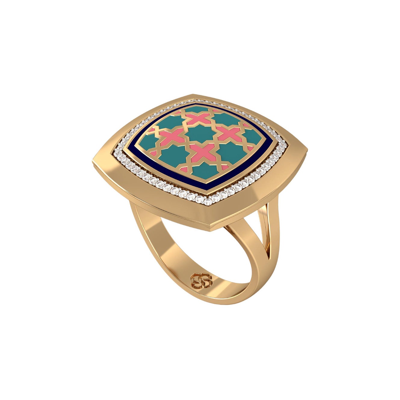 SOHNAA Anillo de oro de 18 quilates con esmalte de diamantes Miraas Aynur en forma de cojín