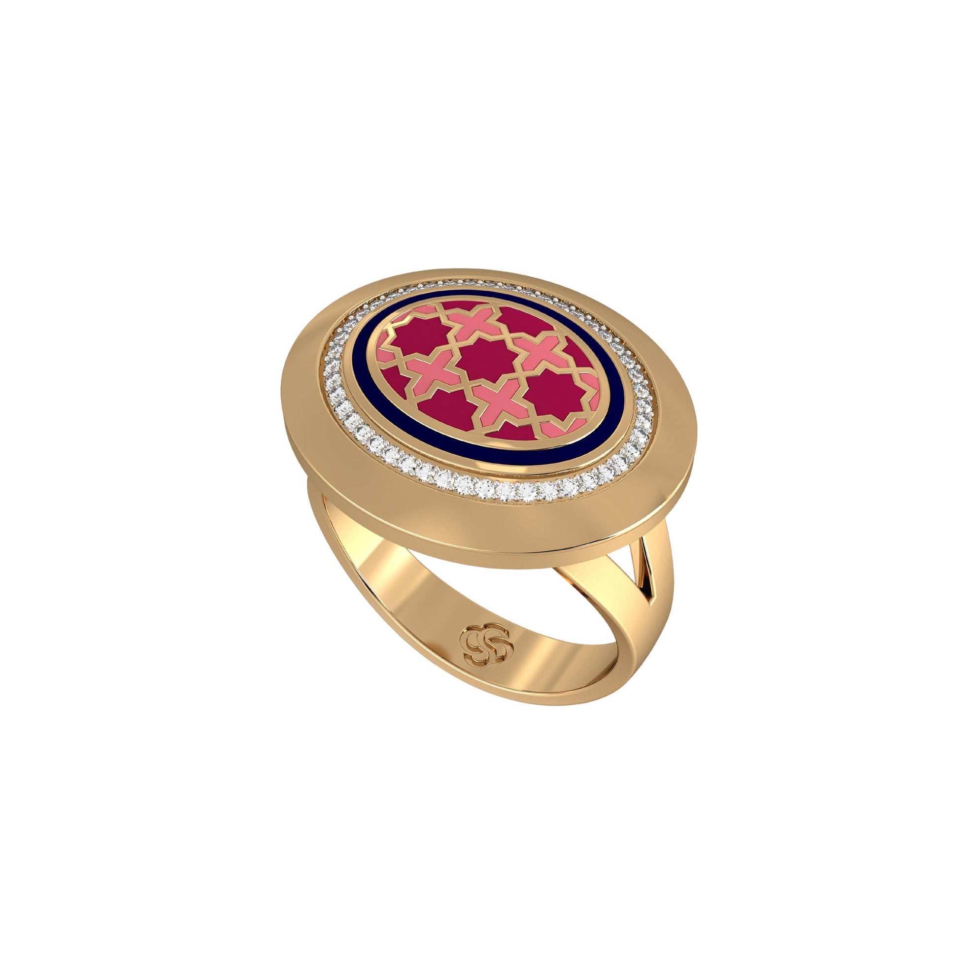 SOHNAA Anillo de sello ovalado horizontal Miraas Aynur de oro de 18 quilates con esmalte de diamantes