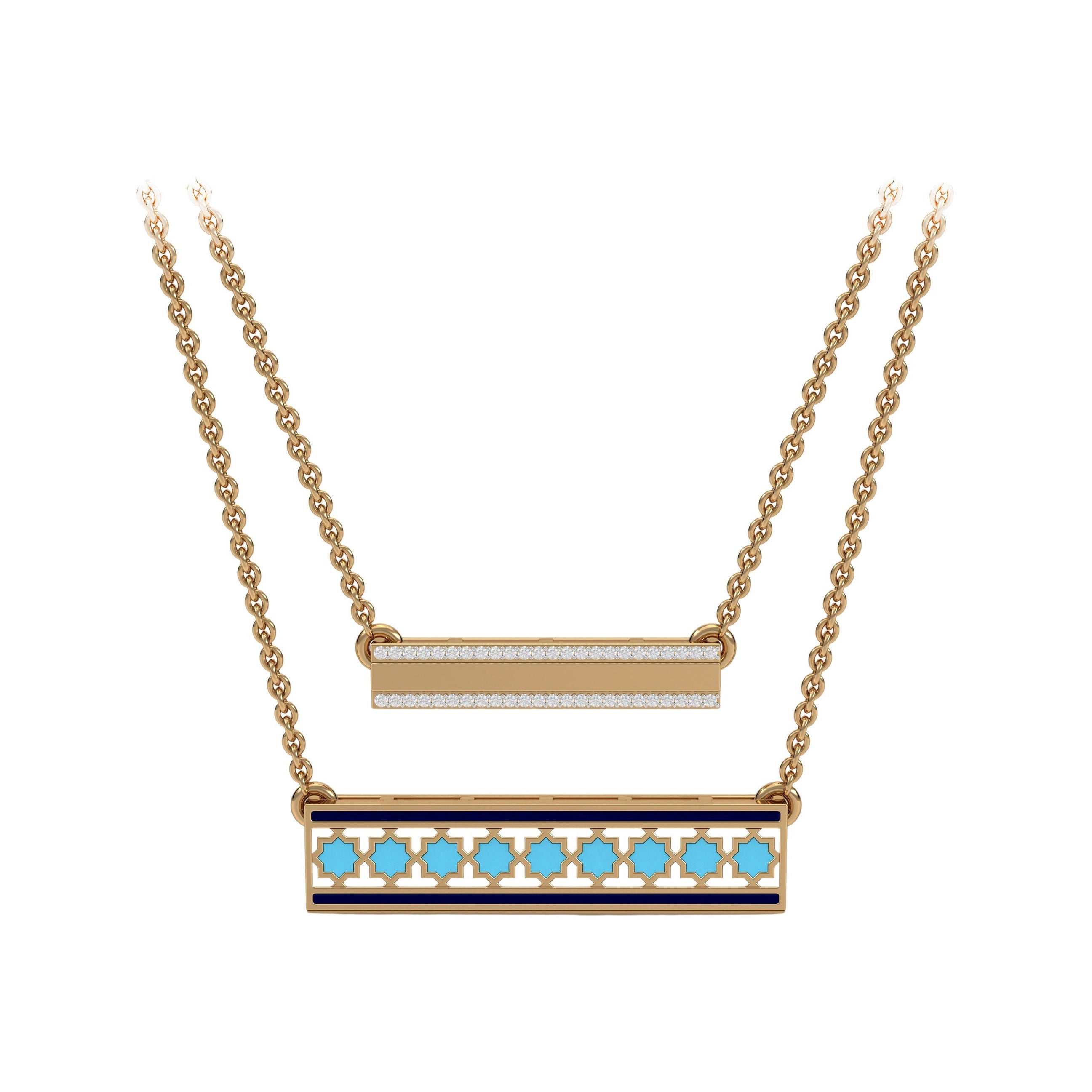 SOHNAA 18 Karat Gold Diamant-Emaille Miraas Emira horizontaler Bar-Doppelkette-Anhänger