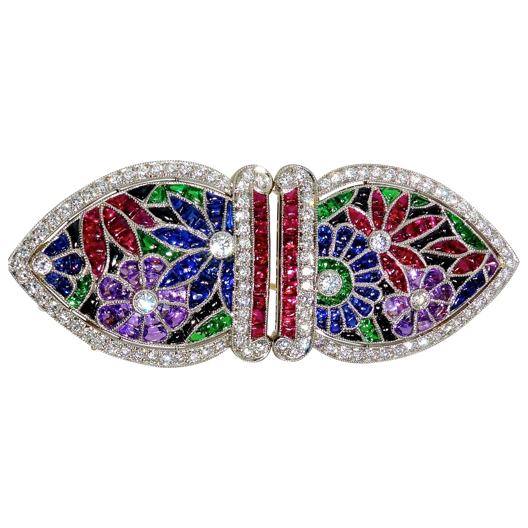 Multi Gem Diamond Shield Shape Double Clip Brooch