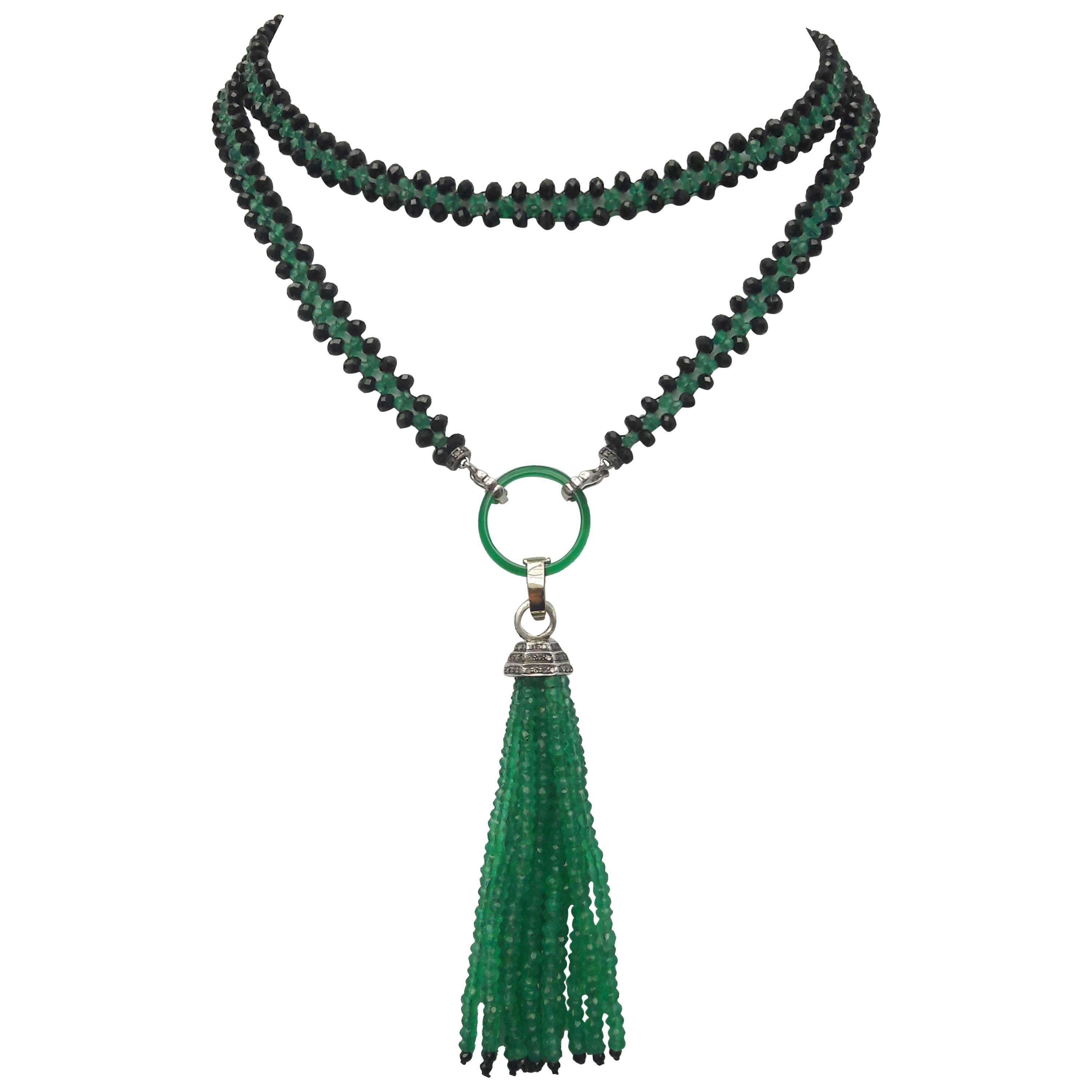 Marina J Woven Black Spinel and Green Onyx sautoir with Diamond and Onyx Tassel 