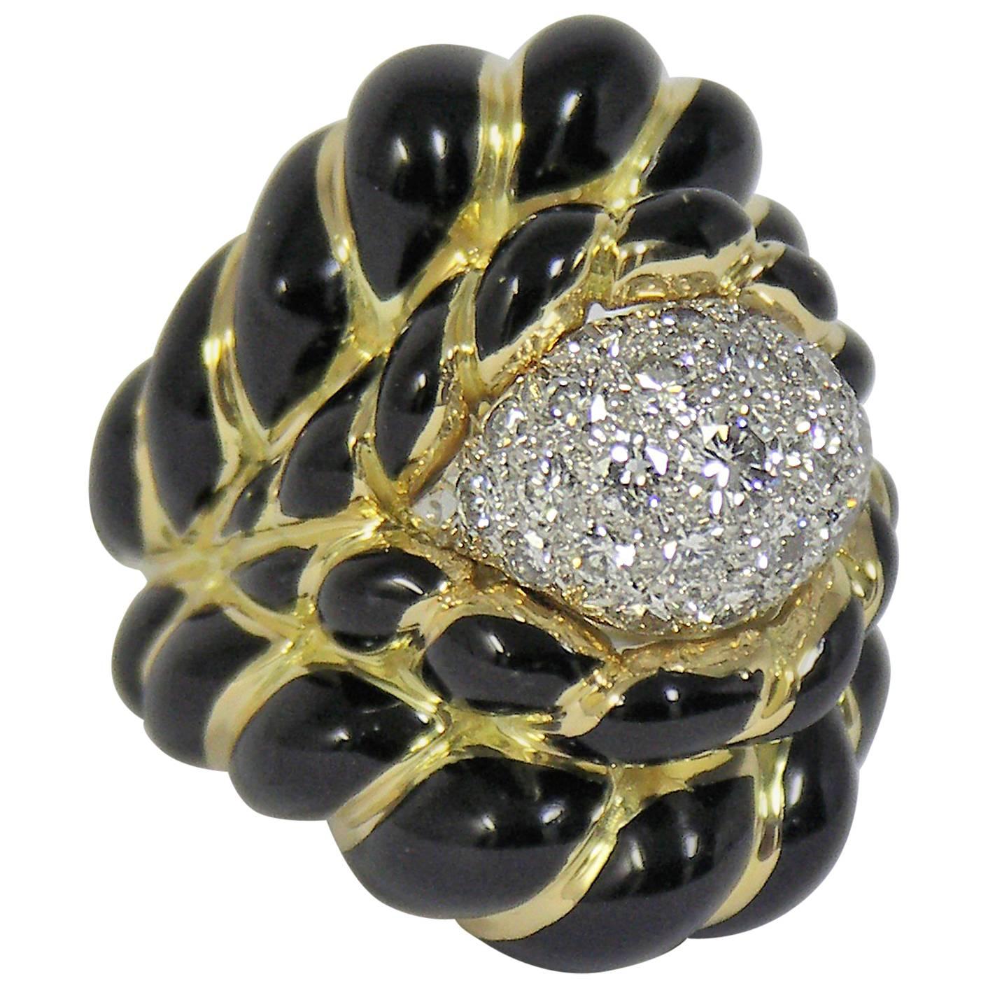 David Webb Gold, Black Enamel and Diamond Ring