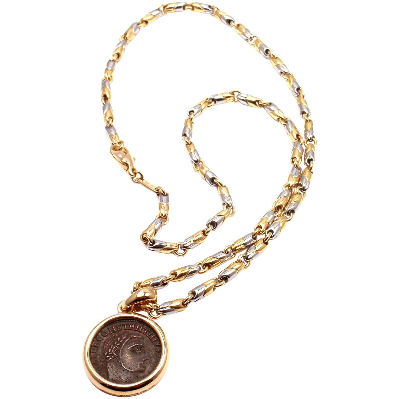Bulgari Ancient Roman Coin Pendant Yellow Gold And Stainless Steel Link Necklace