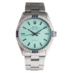 Rolex Steel Air-King avec cadran bleu personnalisé et lunette à diamants circa 1970's