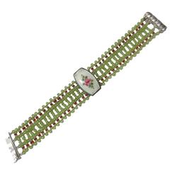 Marina J. Woven Peridot, Ruby, Silver, Bracelet, 1930's Enamel Centerpiece 7