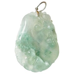 Natural Myanmar Icy Texture Blusih Green Ruyi Jade Pendant, with 18K White Gold