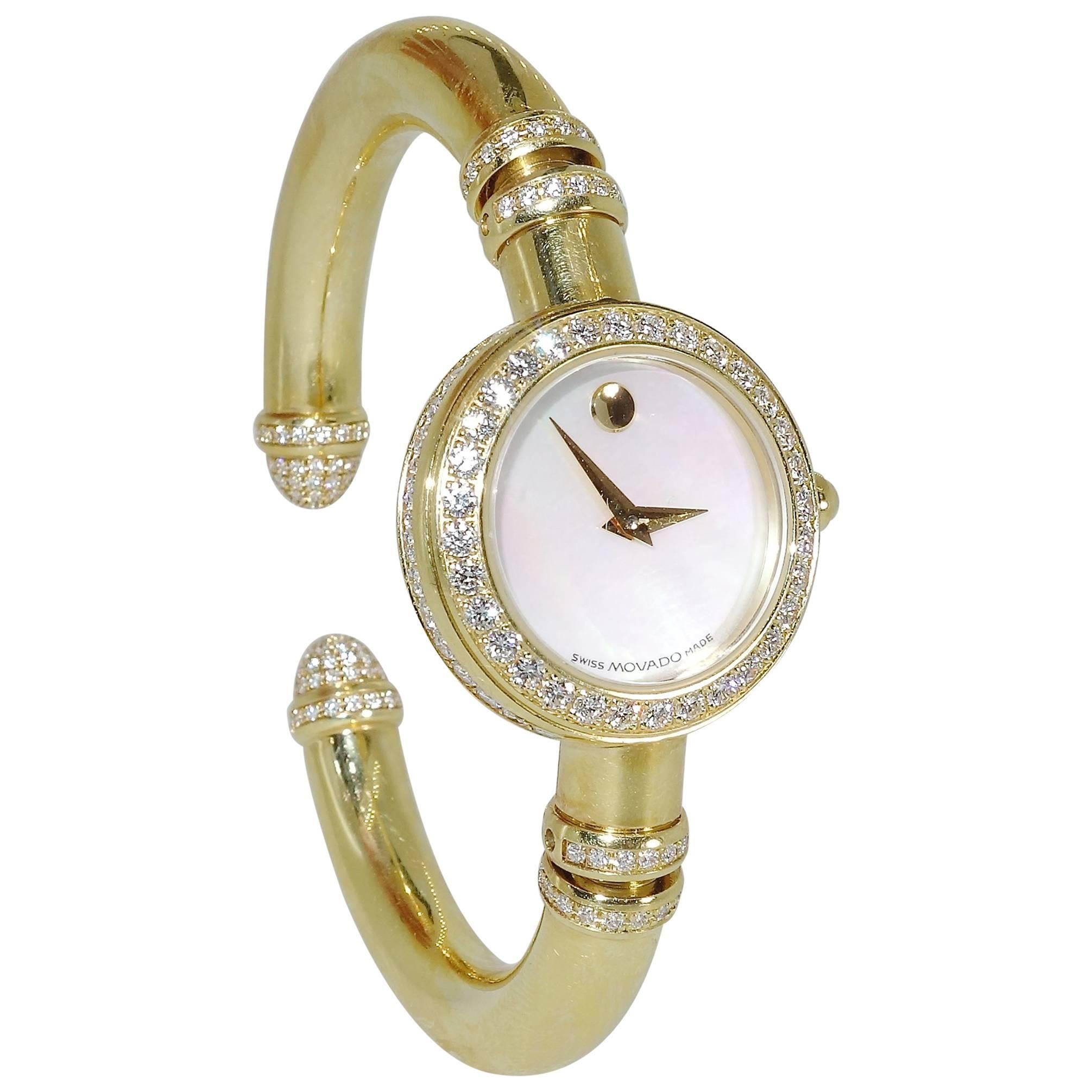 Movado Ladies Yellow Gold Diamond Bangle Bracelet Quartz Wristwatch