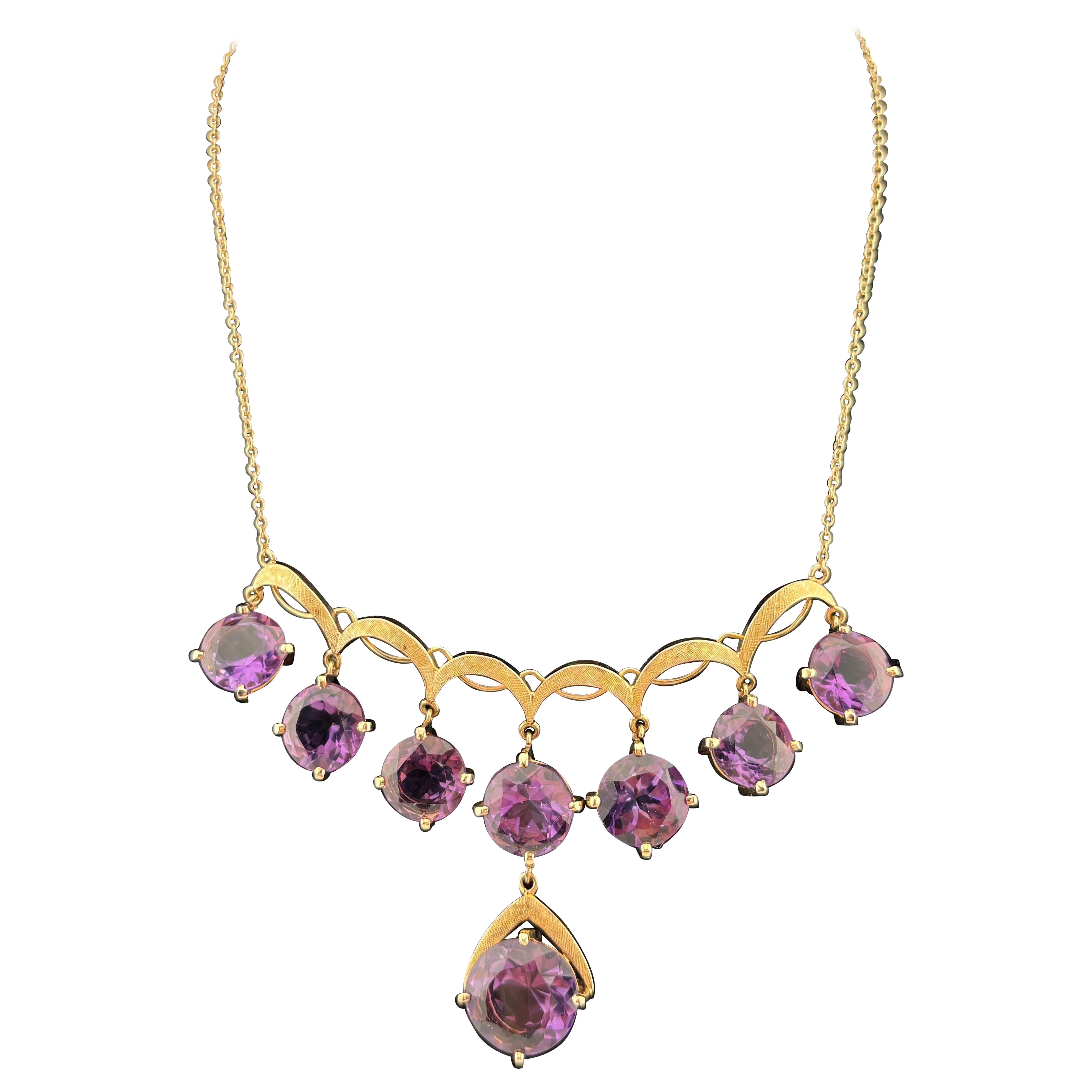 Schöne 14k Gelbgold Amethyst-Tropfen-Halskette 1970er Jahre Vintage