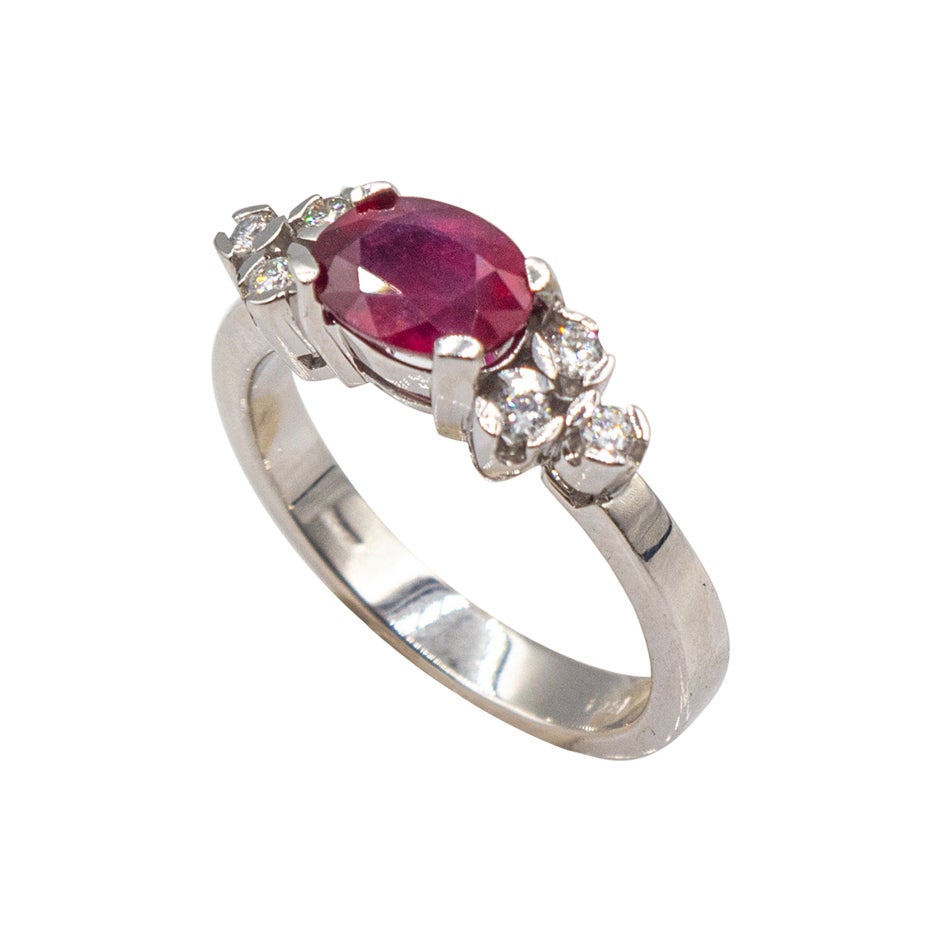 Art Deco Style Oval Cut Ruby White Diamond White Gold Cocktail Ring