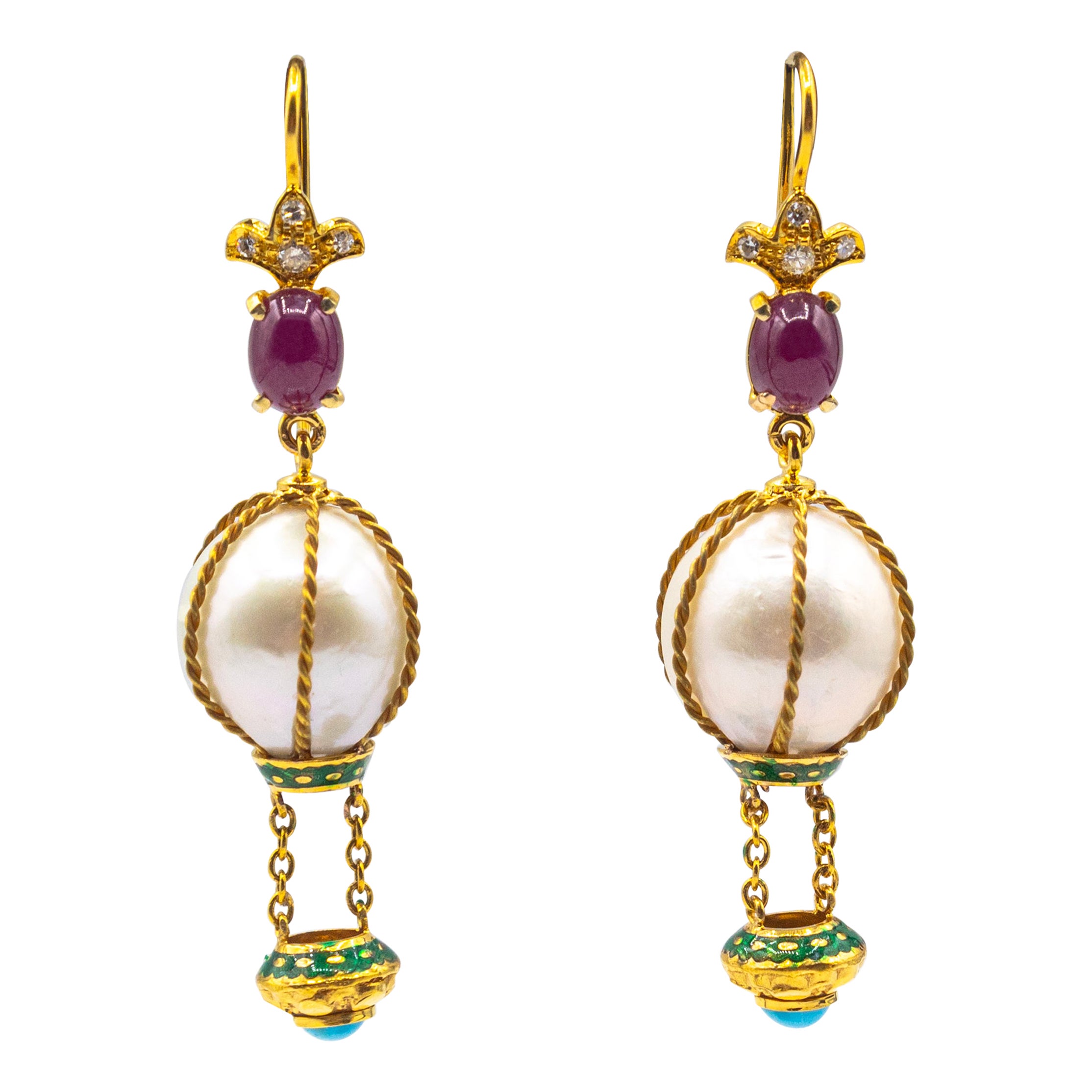 Handcrafted Diamond Pearl Turquoise Ruby Yellow Gold "Hot-Air Balloon" Earrings