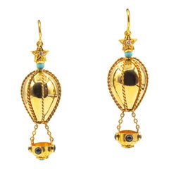 Handcrafted Diamond Turquoise Blue Sapphire Yellow Gold Hot-Air Balloon Earrings