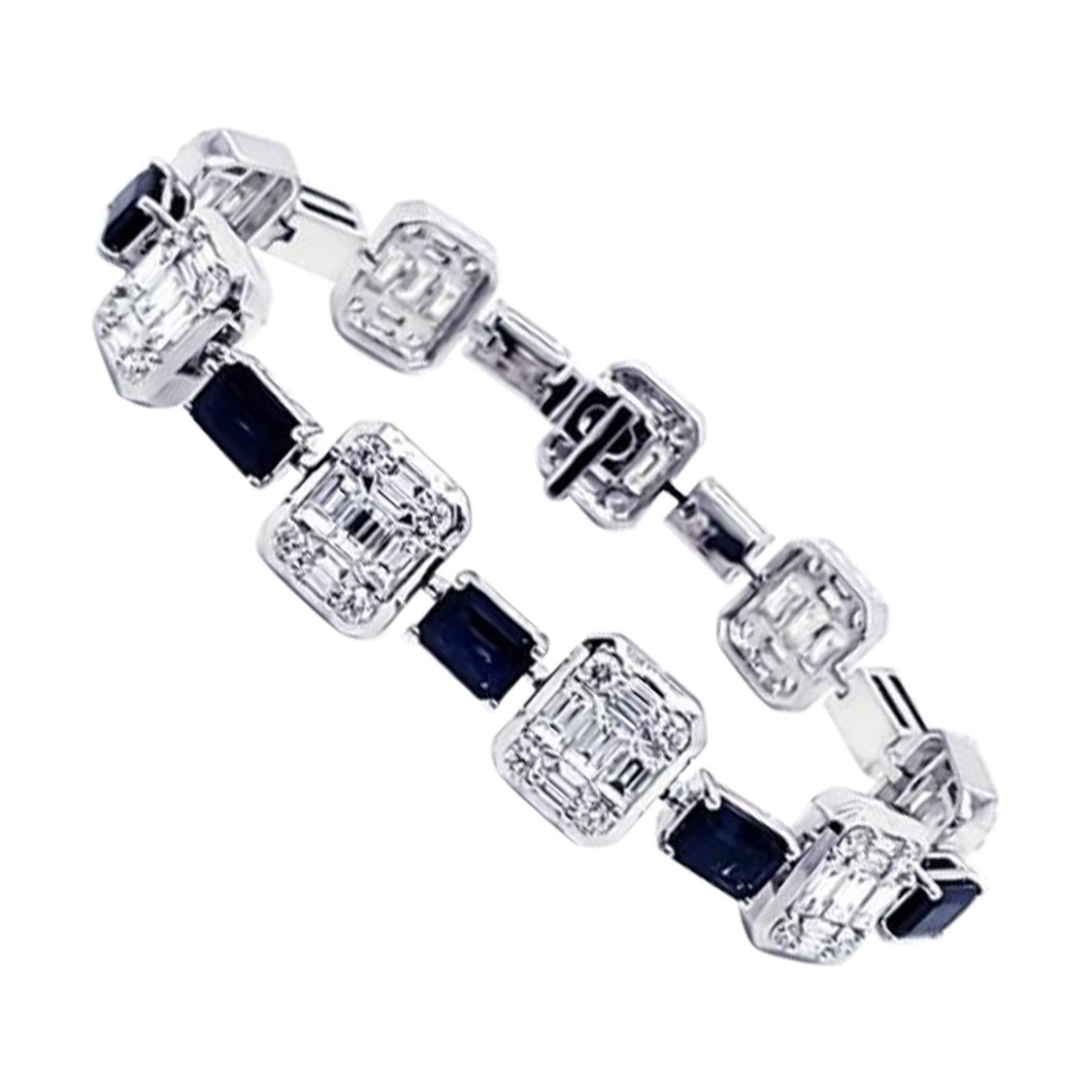 $76, 688 18KT Gold Fancy Baguette Diamond Blue Sapphire Bracelet Taj Hotel For Sale
