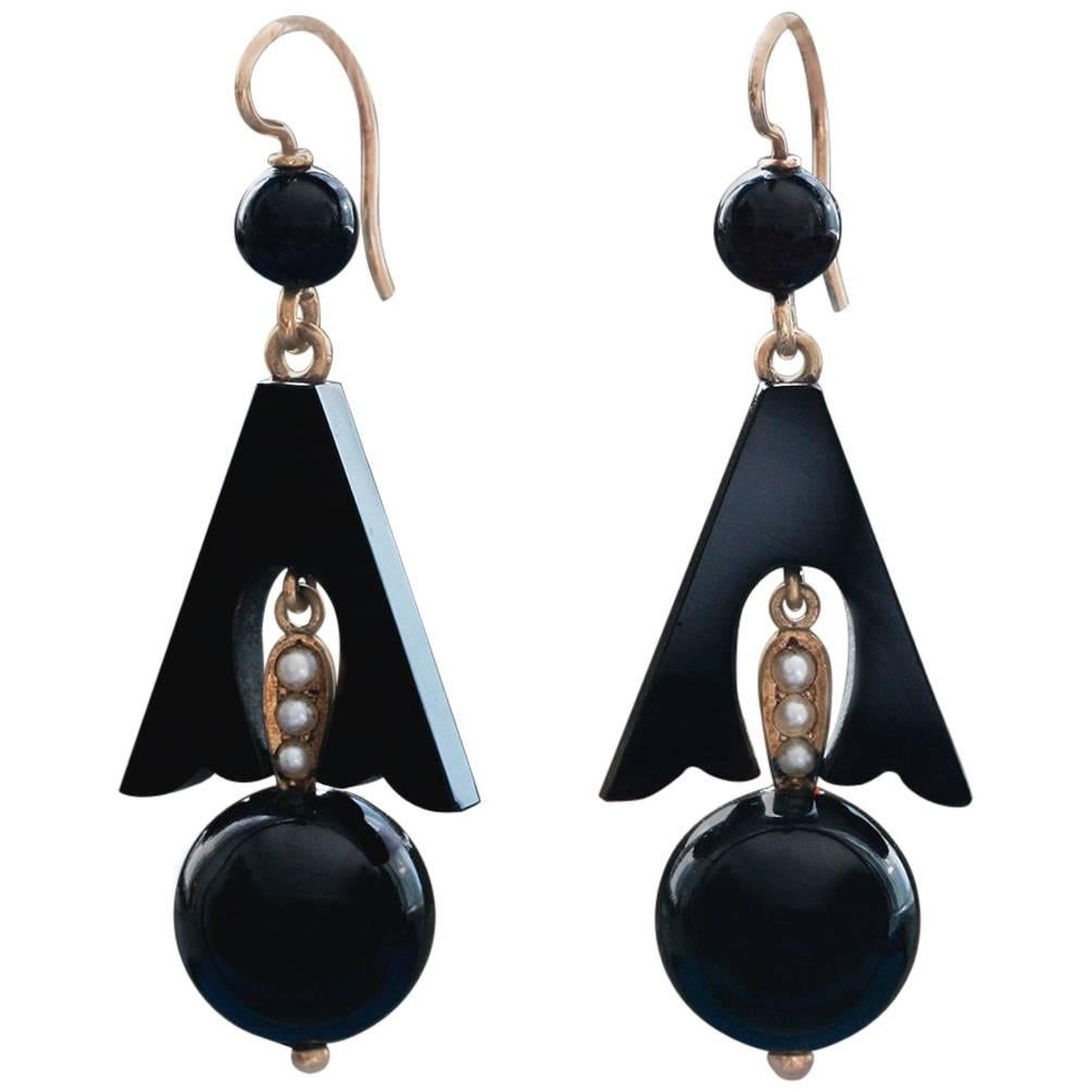 Victorian Onyx and Seed Pearl Earrings For Sale