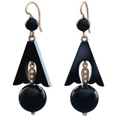 Antique Victorian Onyx and Seed Pearl Earrings