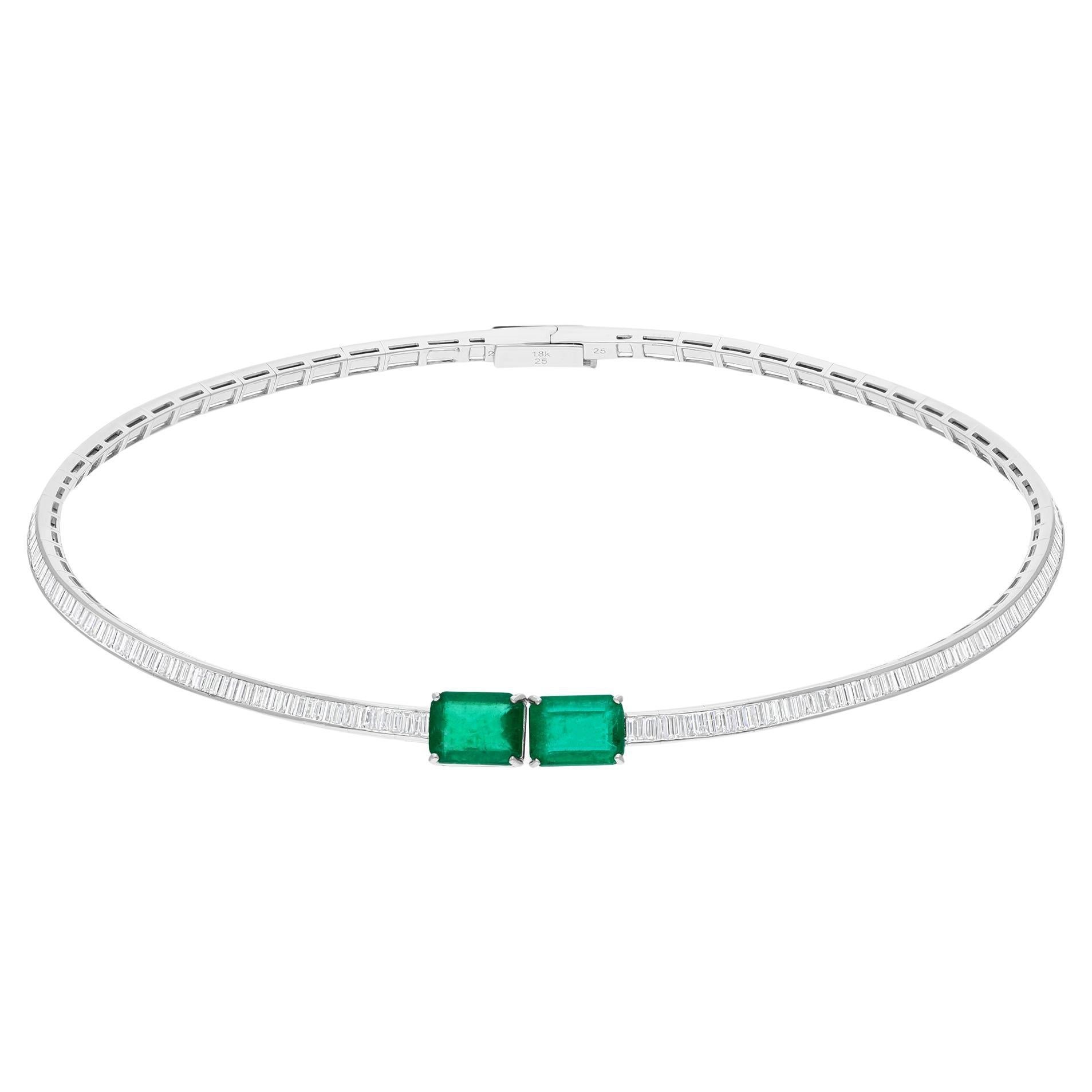 Zambian Emerald Gemstone Choker Necklace Baguette Diamond 14 Karat White Gold