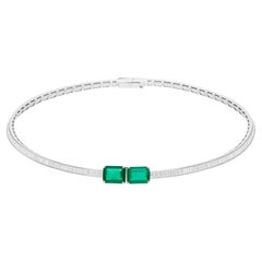 Collar Gargantilla Esmeralda Zambiana Diamante Baguette Oro Blanco 14 Kilates