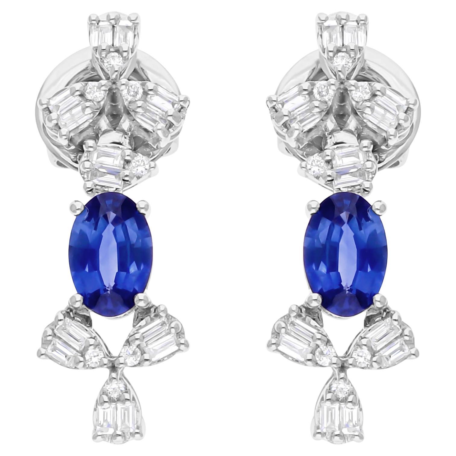 Blue Sapphire Gemstone Dangle Earrings SI/H Baguette Diamond 14 Karat White Gold