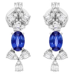 Orecchini pendenti con pietra preziosa zaffiro blu SI/H Baguette Diamond Oro bianco 14 carati