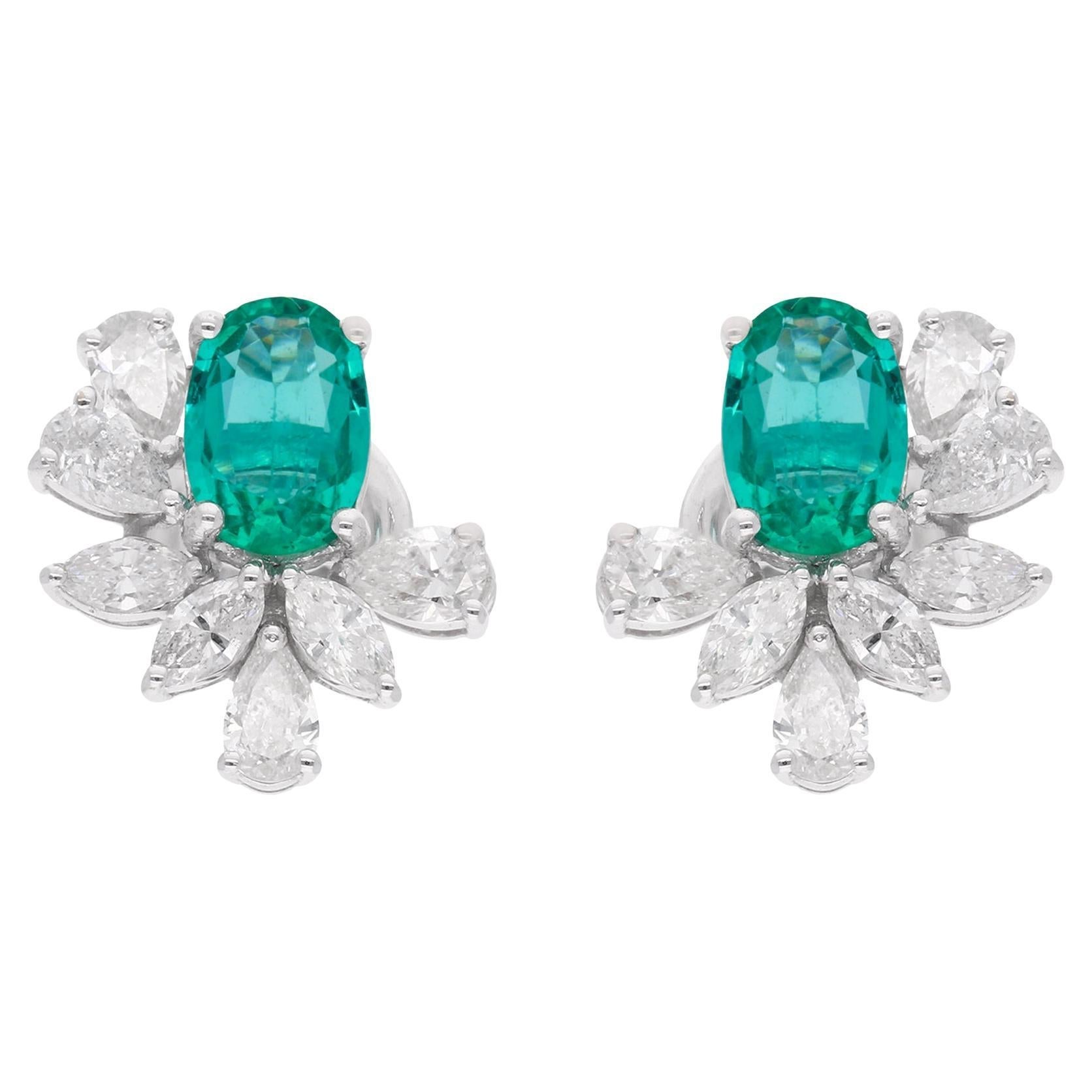 Natural Oval Emerald Stud Earrings Marquise Pear Diamond 14 Karat White Gold