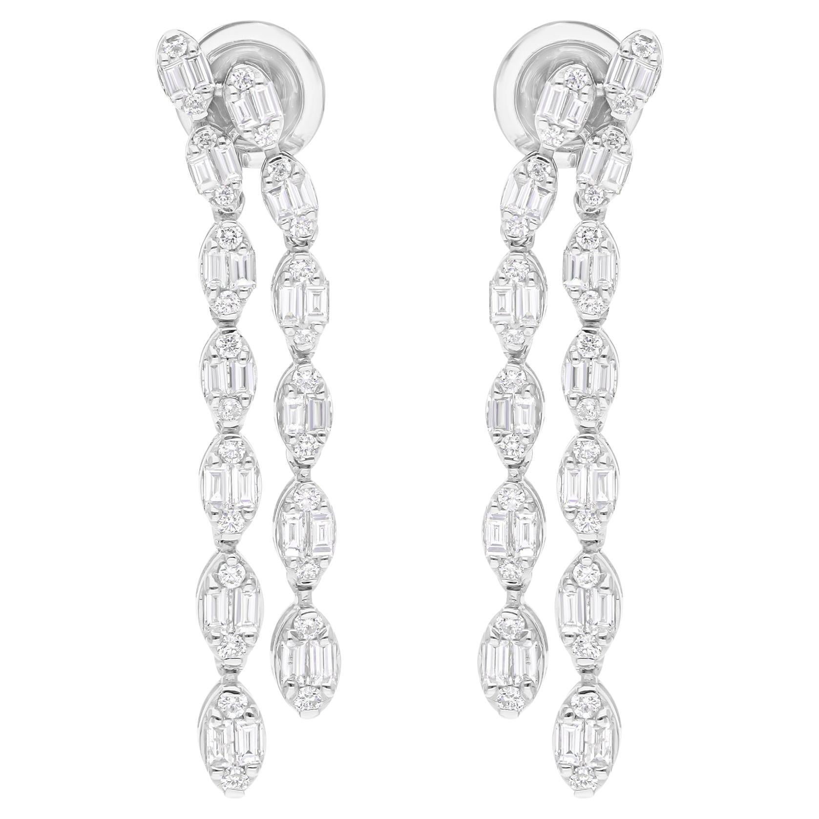 1.39 Carat SI/H Baguette Diamond Earrings 14 Karat White Gold Handmade Jewelry