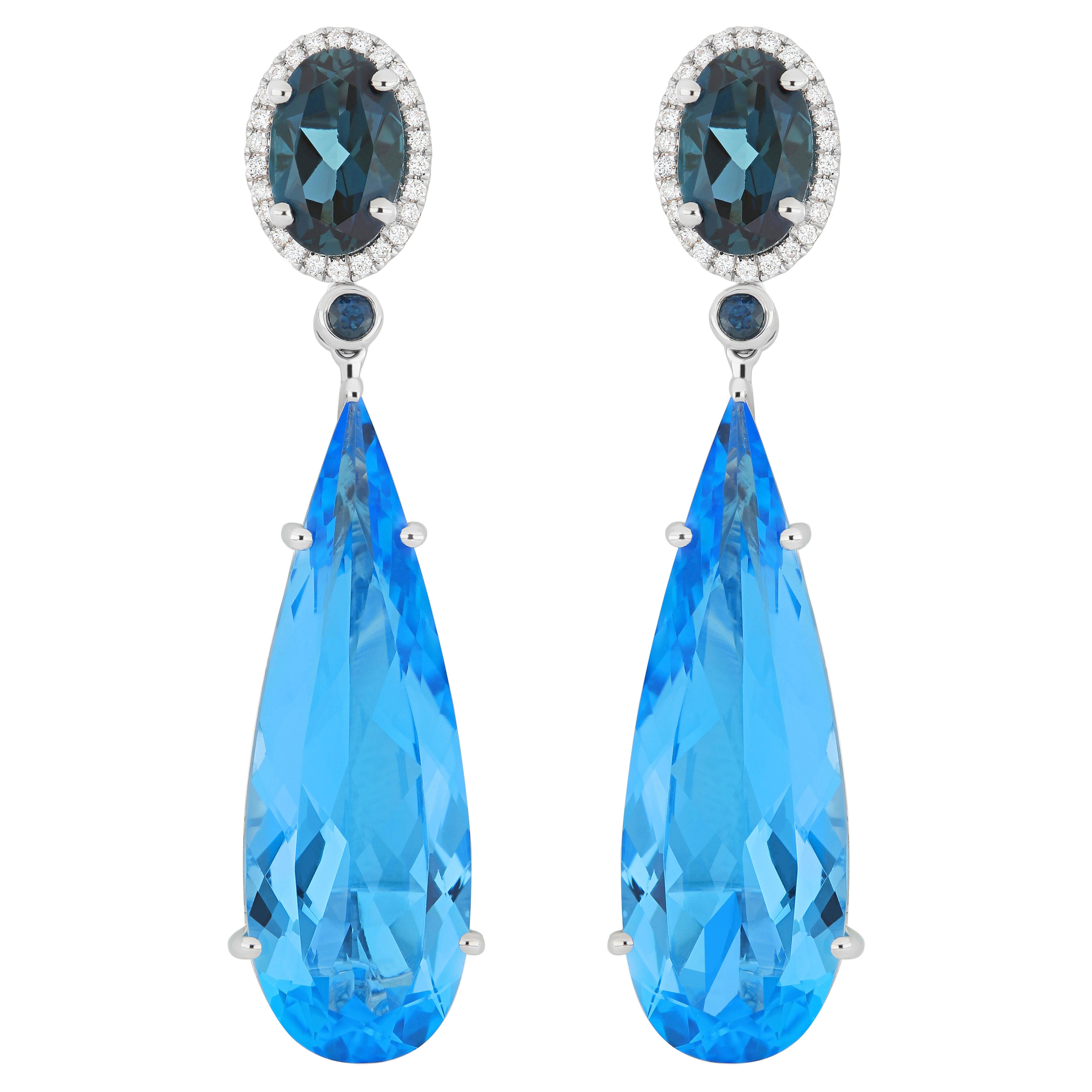 Swiss Blue Topaz, London Blue Topaz, Blue sapphire Diamond Earring 18k Gold