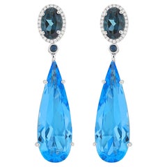 Swiss Blue Topaz, London Blue Topaz, Blue sapphire Diamond Earring 18k Gold