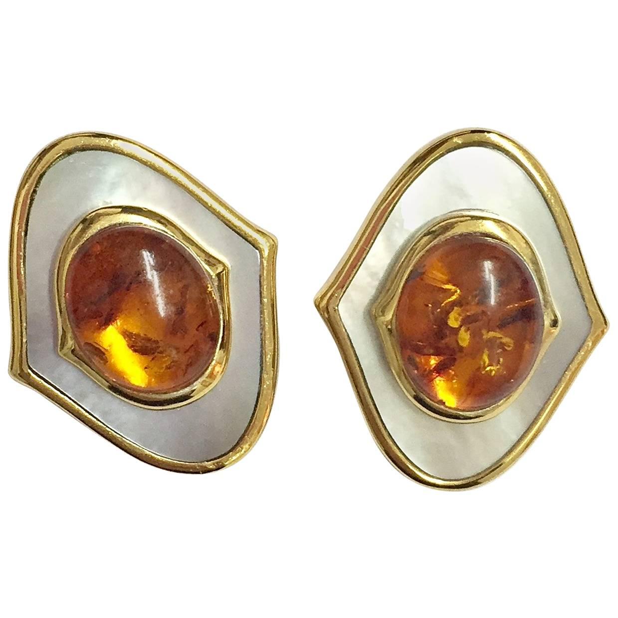 Natural Amber Grey Mother-of-Pearl Sterling Silver Earrings For Sale