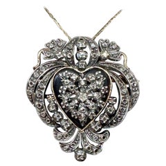 Victorian Rose Cut Diamond Black Onyx Heart Pendant Necklace Brooch 18K Gold