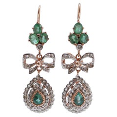 Emeralds, Diamonds, Rose Gold and Silver Earrings.