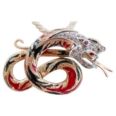 Rubies, Diamonds, Enamel, Rose Gold and Silver  Dragon Shape  Brooch / Pendant.