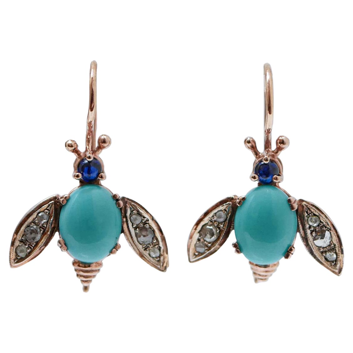 Fliegenohrringe aus Roségold und Silber mit Magnesite, Saphiren, Diamanten und Silber.