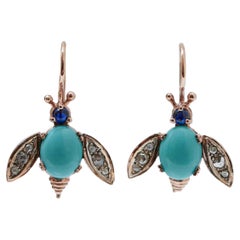 Magnesite, Sapphires, Diamonds, Rose Gold and Silver Fly Earrings.