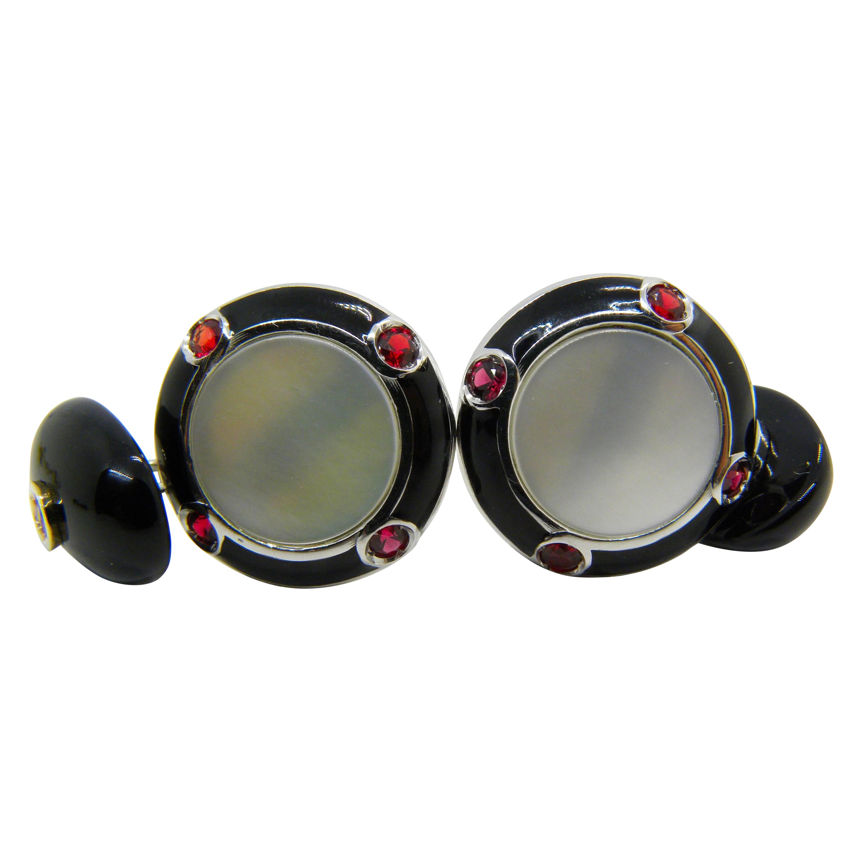 Berca Ruby Onyx White Mother-of-pearl Hand  Enameled 18 Carat Gold Cufflinks For Sale