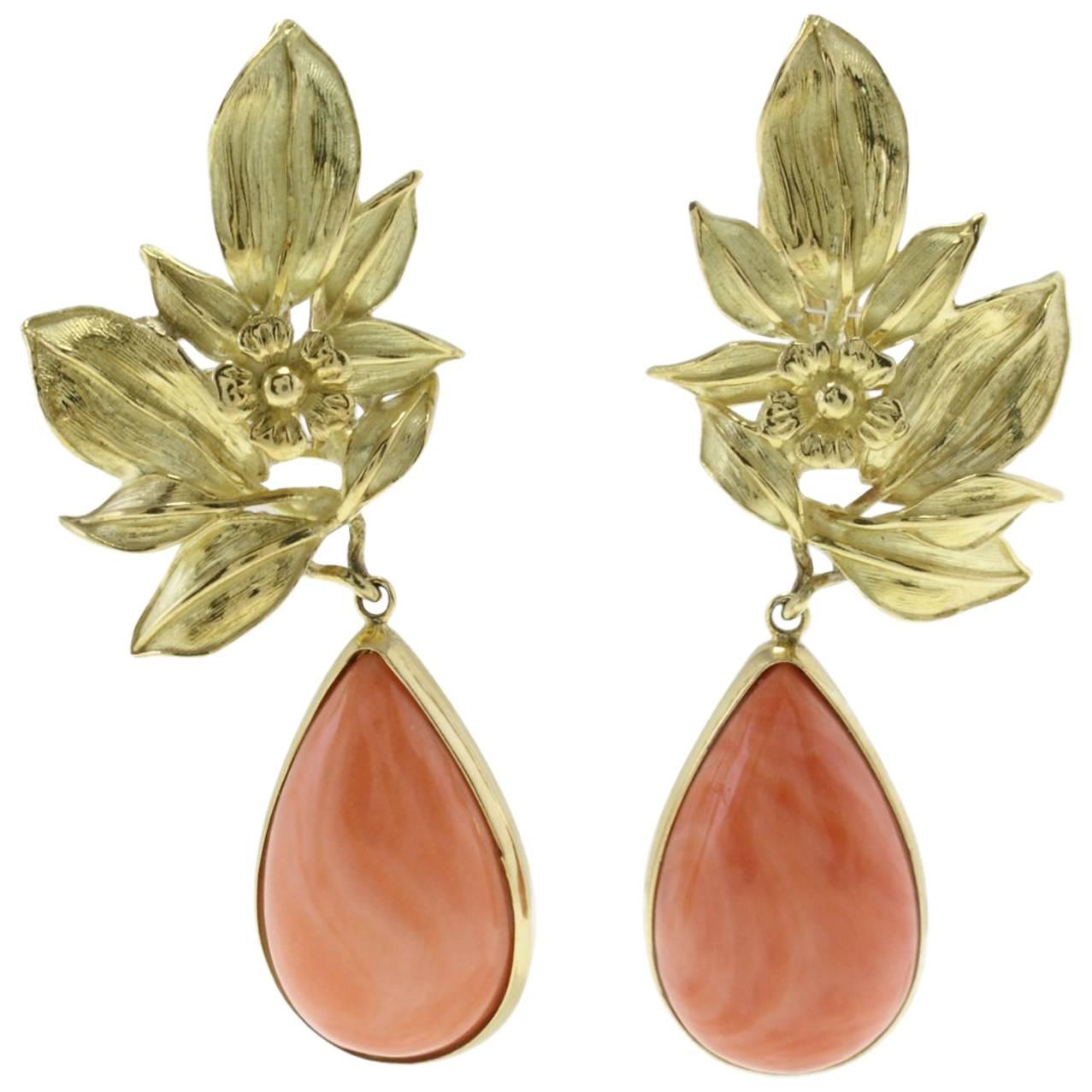 Orange Coral Drops, 18K Yellow Gold Leaves Shape, Drop Movable Earrings For Sale