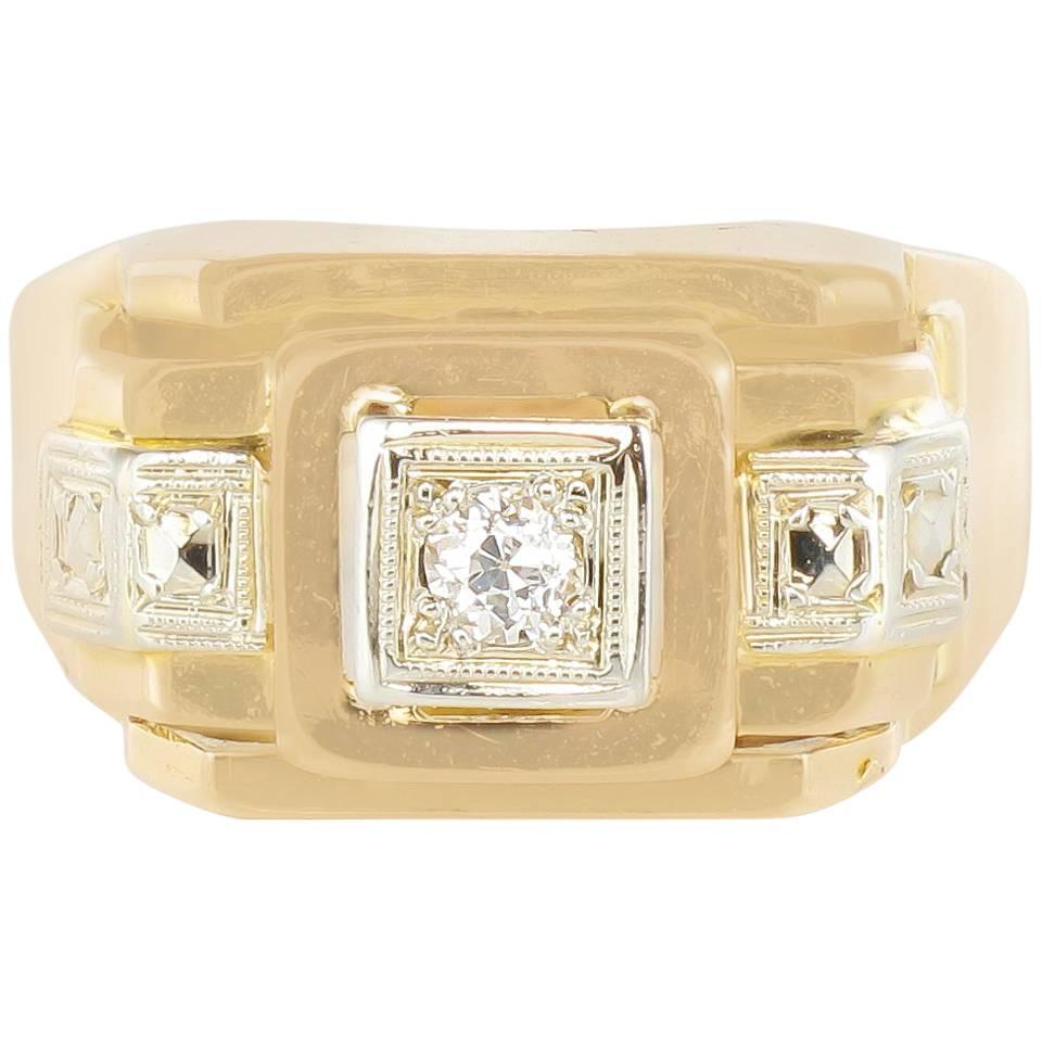 1950s French Diamond Yellow Gold Tank Ring