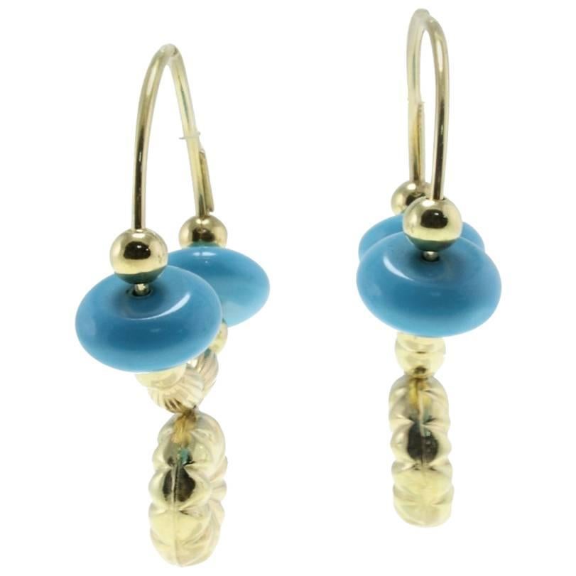  Turquoise 18 kt Gold Hoop Earrings For Sale