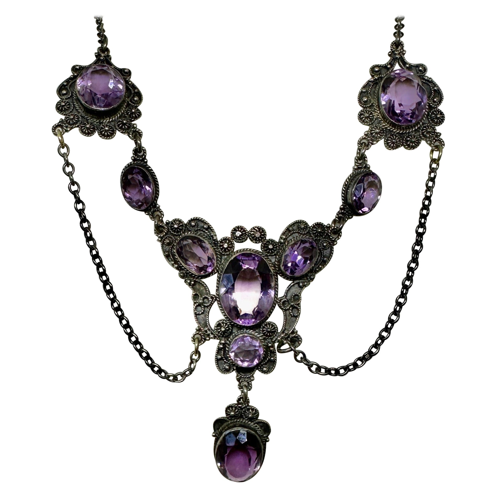 Belle Epoque Amethyst Festoon Necklace Sterling Silver Antique Art Nouveau