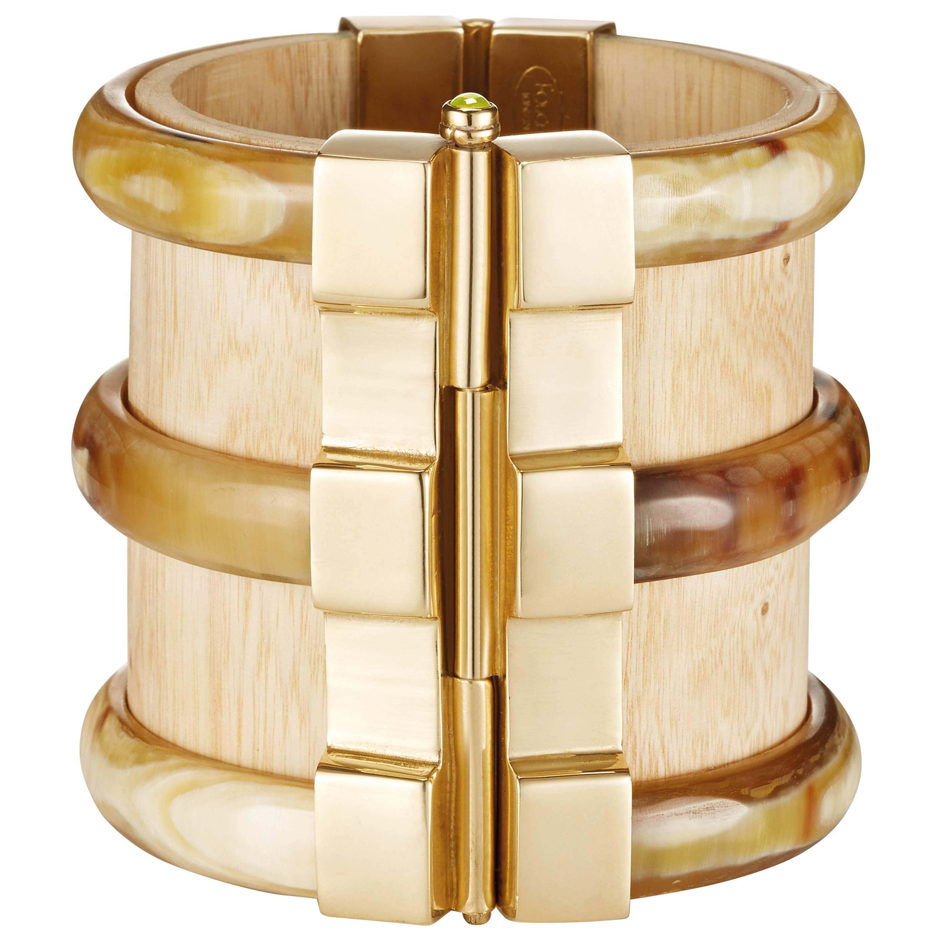 Fouche Bespoke Diana Vreeland Horn Wood Fire Opal Emerald Gold Cuff Bracelet