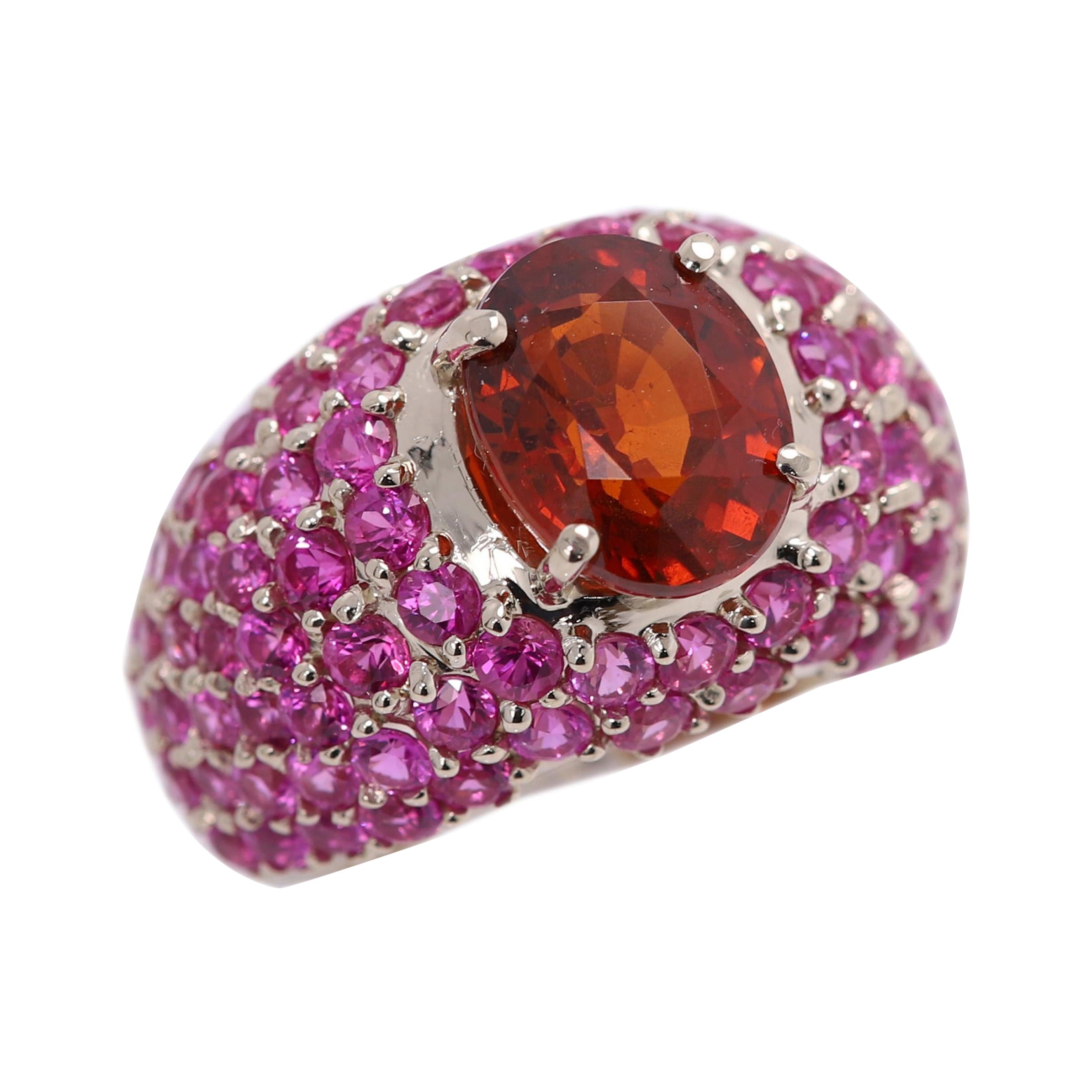 Mixed Cut Large Cocktail Ring Pink Ruby & Spessartine-Orange Garnet 18 Karat White Gold For Sale