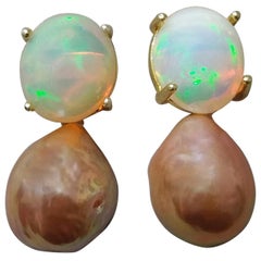 Natural Golden Color Baroque Pearls Solid Opal Cabochons Yellow Gold Earrings