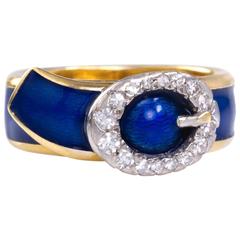 Kutchinsky, London, Gold, Diamond and Blue Enamel Buckle Ring 1