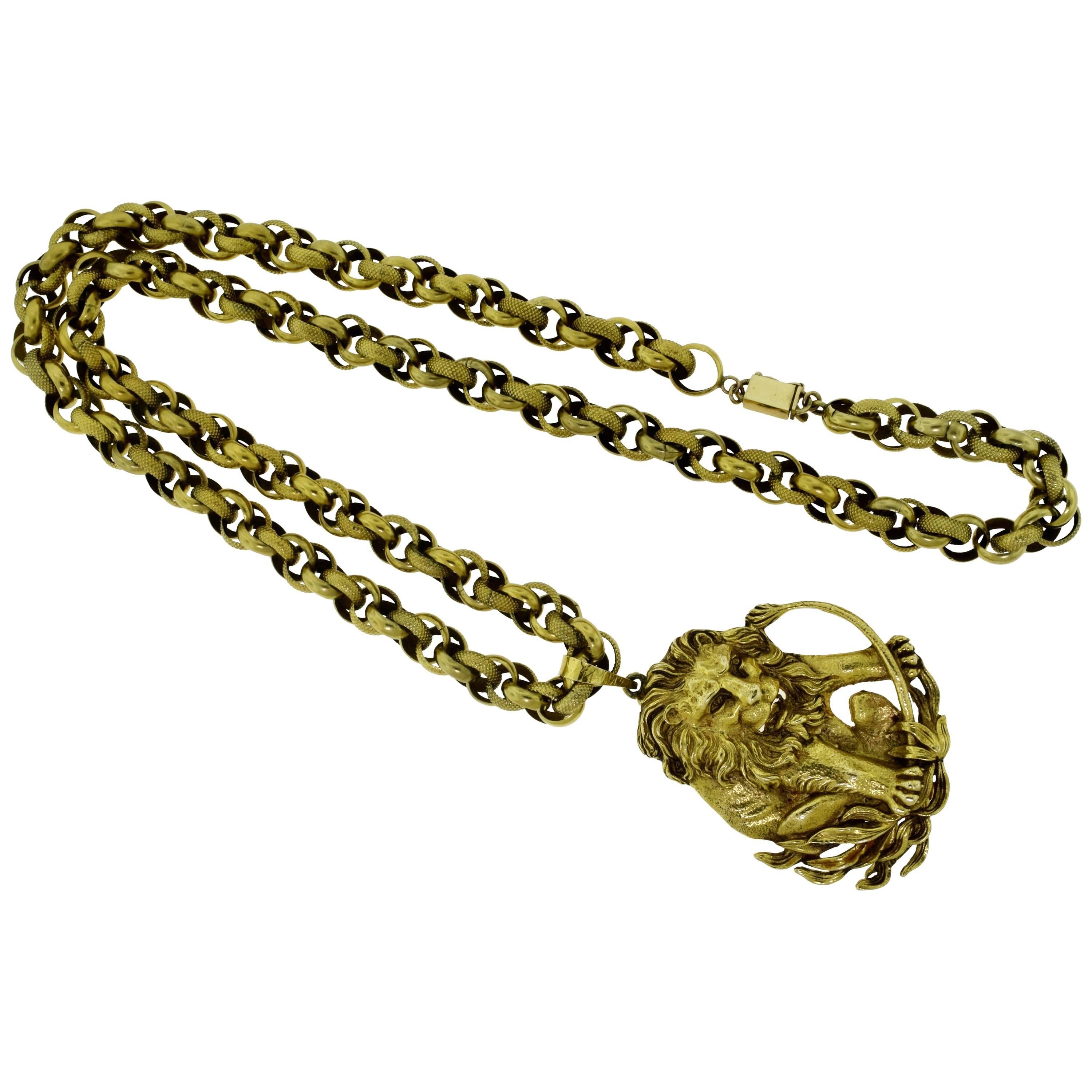 Vintage Yellow Gold Zodiac Leo Pendant and Chain Necklace For Sale