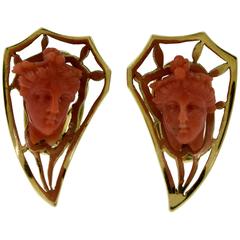 Antique Hand Carved Coral Face on Yellow Gold Clip On Earrings
