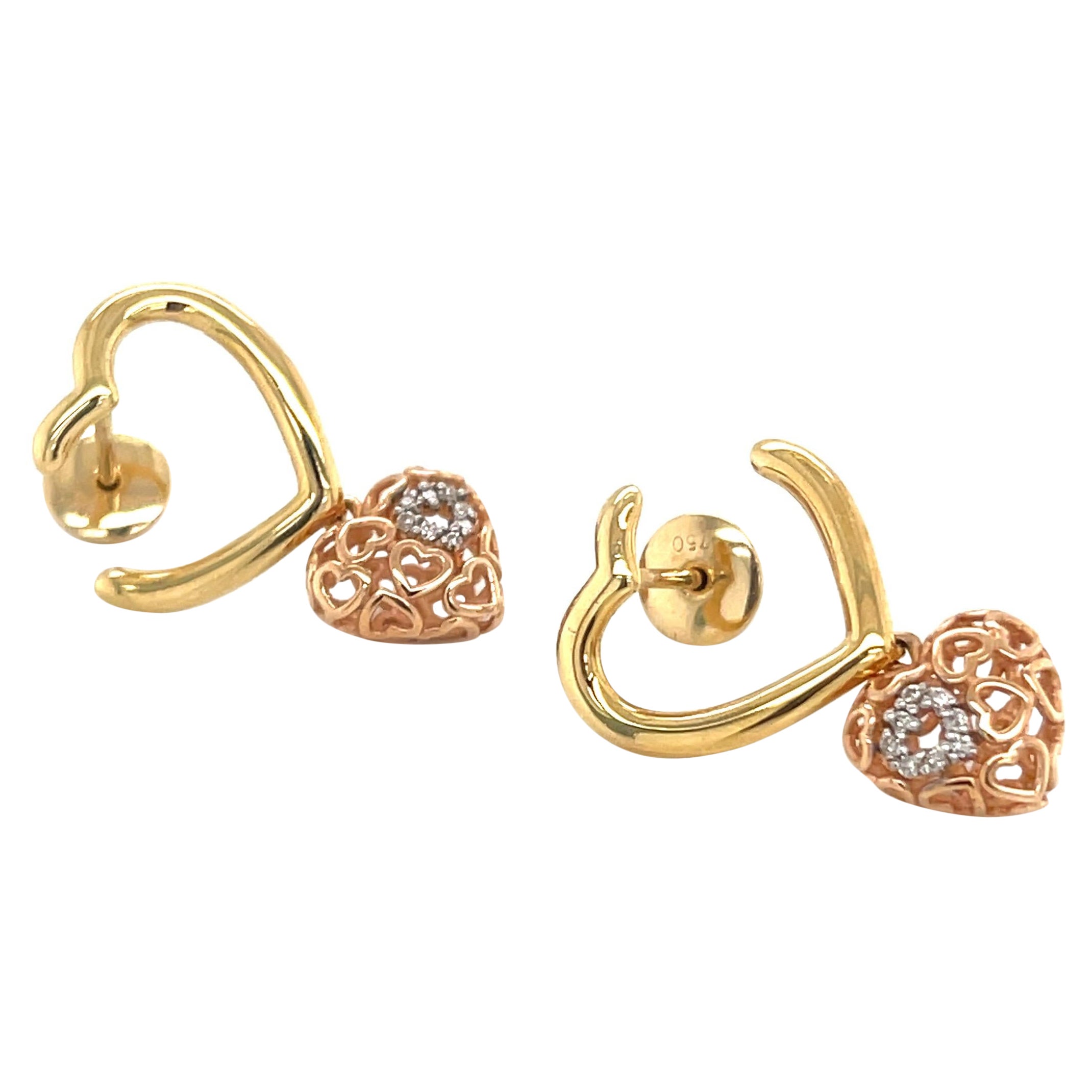 Amore 18 Karat Roségold Diamant-Tropfen-Ohrringe mit Herz-Charm-Schmuck