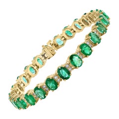 Bracelet tennis en or jaune 14 carats, émeraude naturelle de 25 carats et diamants de 1,8 carat