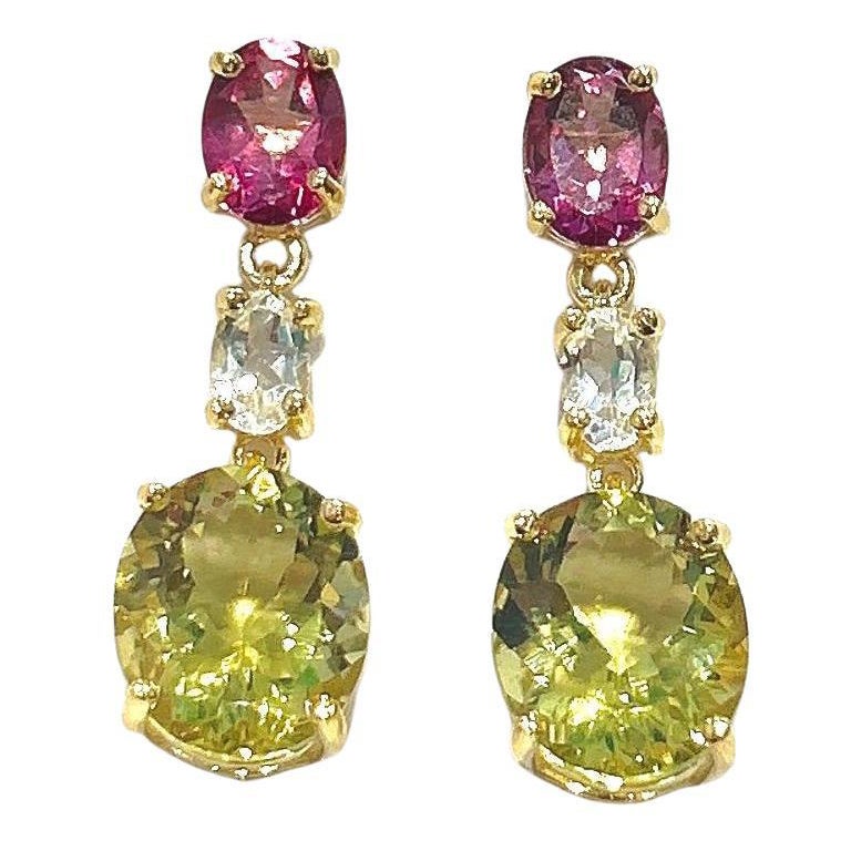 Bochic Orient Ohrringe aus 18 Karat Gold und Silber mit Zitronenquarz, Rhodorit und Topas