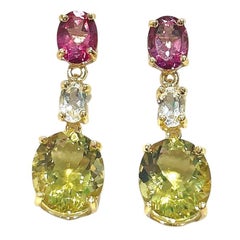 Bochic Orient Ohrringe aus 18 Karat Gold und Silber mit Zitronenquarz, Rhodorit und Topas